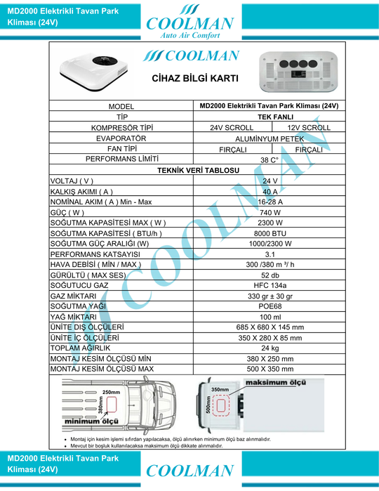 MD2000 Elektrikli Tavan Park Kliması (24V)