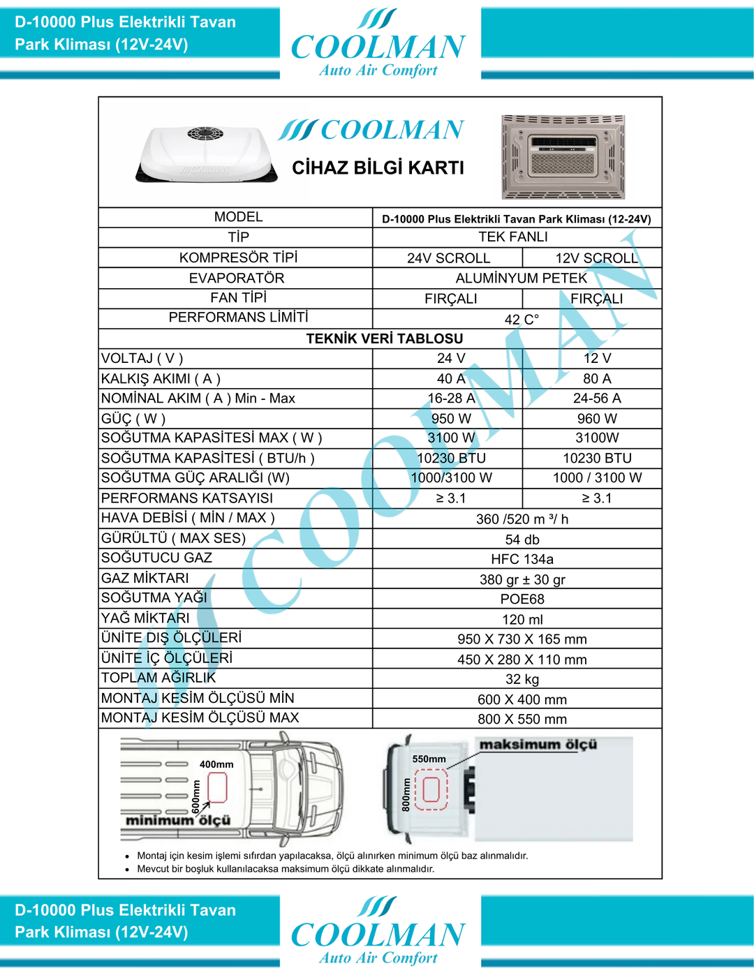 D-10000 Plus Elektrikli Tavan Park Kliması (12V-24V)