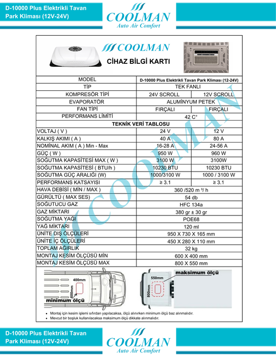 D-10000 Plus Elektrikli Tavan Park Kliması (12V-24V)