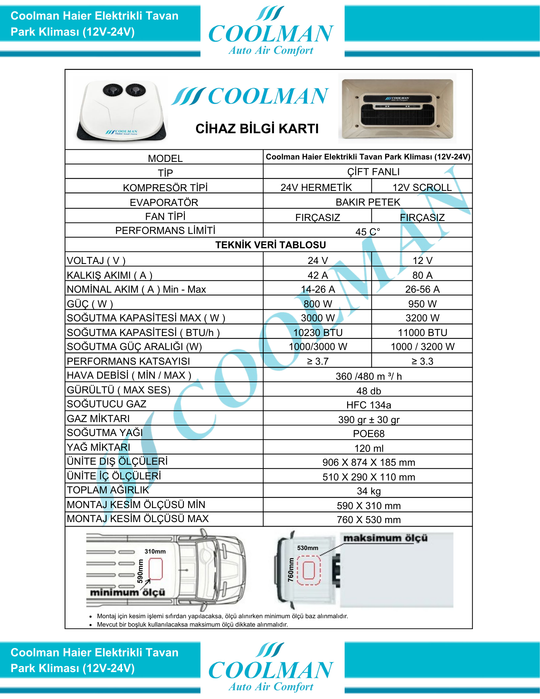 Coolman Haier Elektrikli Tavan Park Kliması (12V-24V)