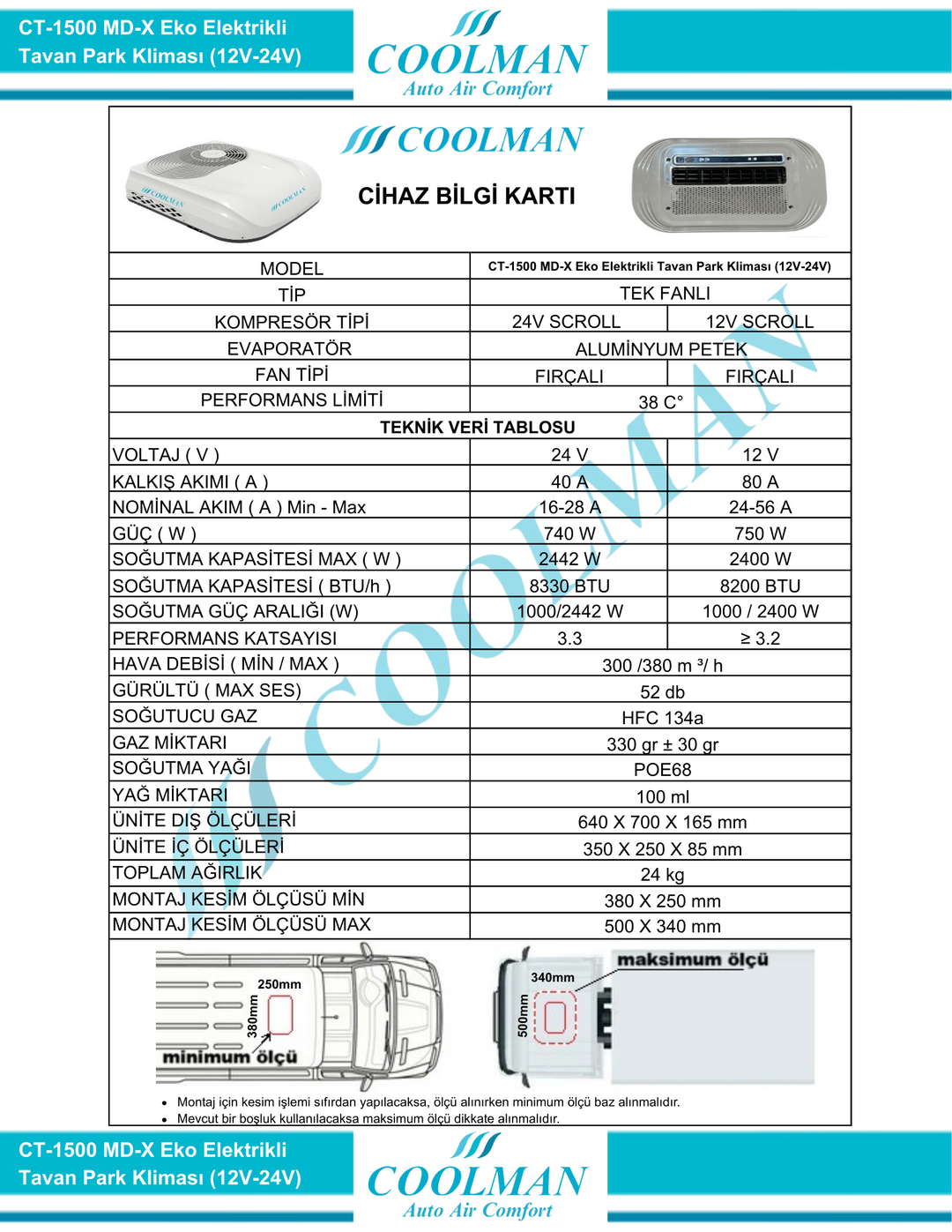 CT-1500 MD-X Eko Elektrikli Tavan Park Kliması (12V-24V)