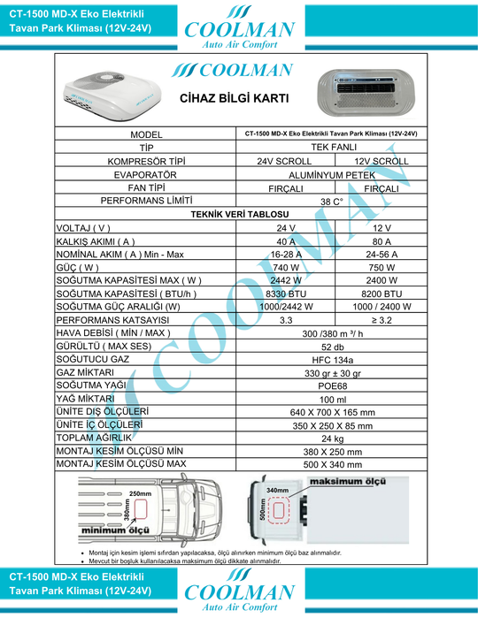 CT-1500 MD-X Eko Elektrikli Tavan Park Kliması (12V-24V)
