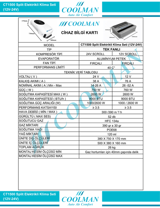 CT1500 Split Elektrikli Klima Seti (12V-24V)