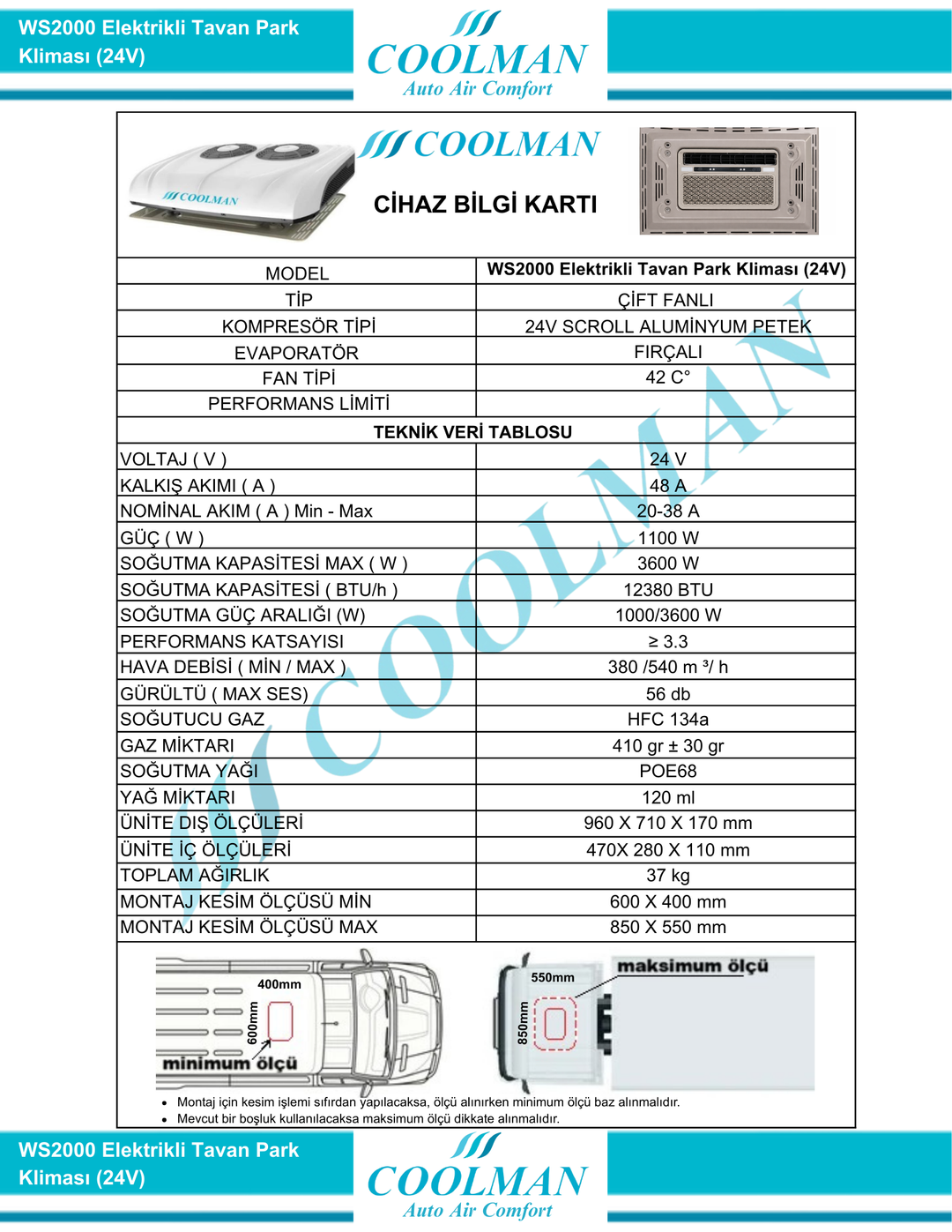 WS2000 Elektrikli Tavan Park Kliması (24V)