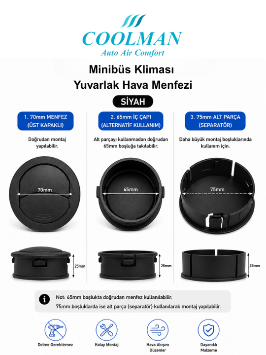 Minibüs Kliması Yuvarlak Hava Menfezi