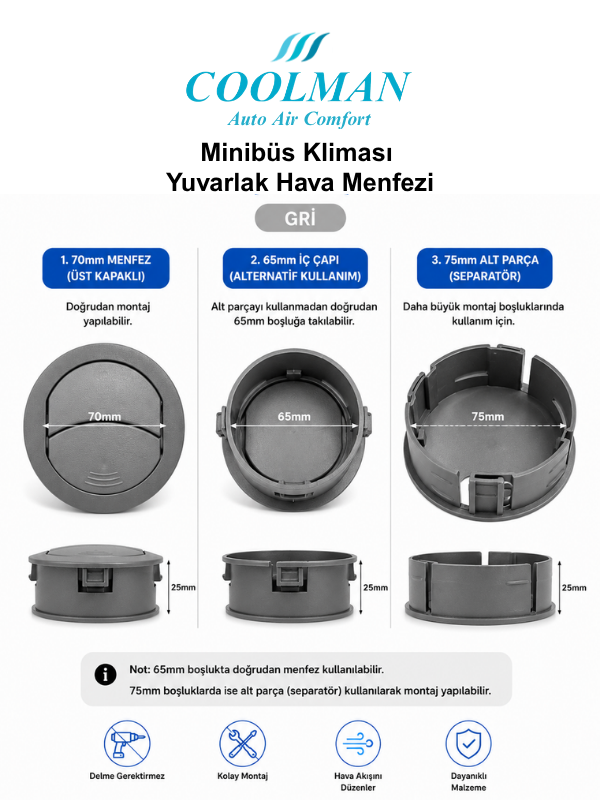 Minibüs Kliması Yuvarlak Hava Menfezi